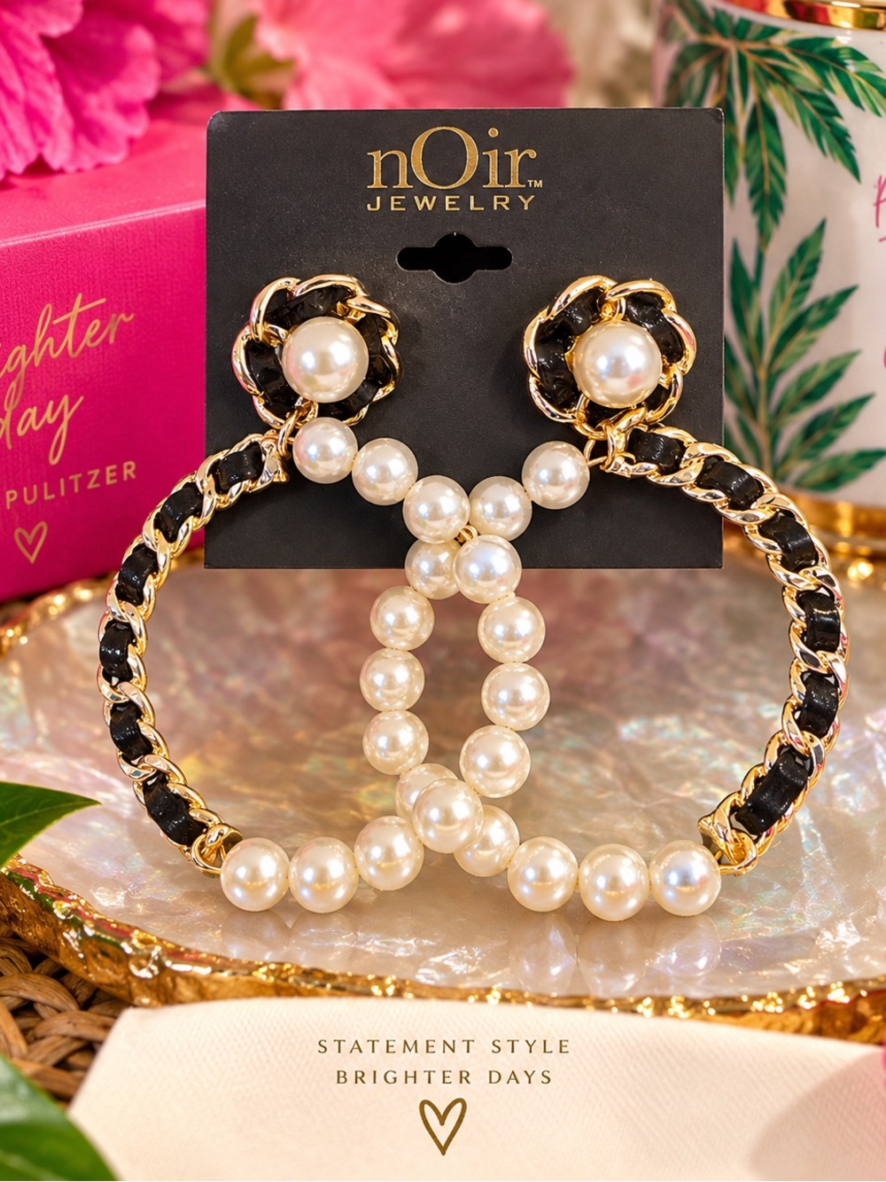 nOir Jewelry Pearl Black Chain Statement Hoop Earrings